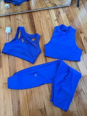 ALO Yoga Electric Blue 3-Piece Active Set — Tank, Sports Bra & Leggings